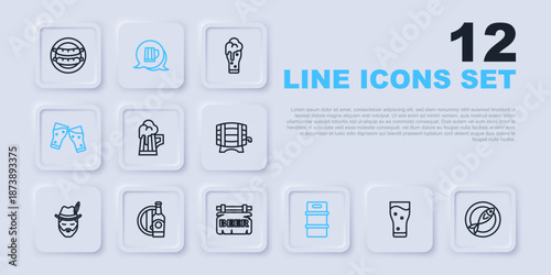 Set line Glass of beer, Dried fish, Wooden mug, Metal keg, Beer bottle and wooden barrel, and Street signboard with icon. Vector