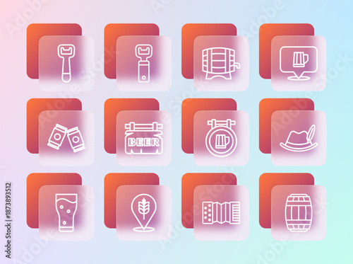 Set line Wooden beer mug, Wheat, Street signboard with, Accordion, Beer, barrel rack, Bottle opener and icon. Vector