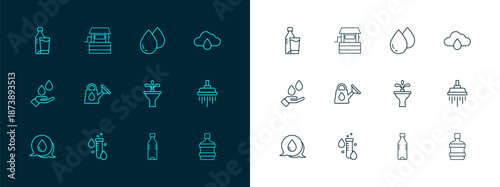 Set line Cloud with rain, Test tube water drop, Fountain, Bottle of, Watering can, glass and Well icon. Vector