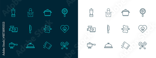 Set line Fried eggs on frying pan, Covered with tray of food, Rolling pin dough, Packet pepper, Knife, Cooking pot, Pepper and Kitchen apron icon. Vector