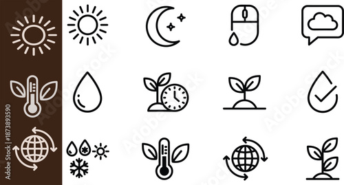 Eco weather and sustainability line icon set, climate symbols sun moon water plant, minimal outline vector illustration