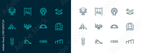 Set line Horse in saddle swing, Slide playground, Monkey bar, Education logic game, Swing car, Ferris wheel, and Gymnastic rings icon. Vector