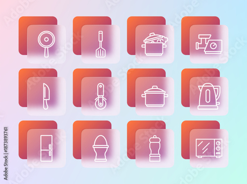 Set line Kitchen meat grinder, Chicken egg on stand, Cooking pot, Pepper, Pizza knife, Frying pan and Spatula icon. Vector