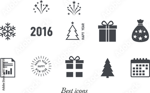 Happy New Year 2016 icon set, holiday celebration symbols, fireworks gifts calendar tree, minimal flat illustration
