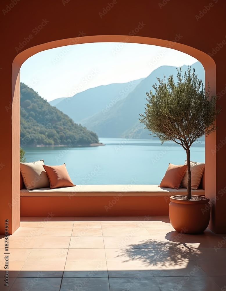 Fototapeta premium Scenic view of lake with mountains from open patio. Olive tree in pot and cushions on bench add comfort. Terrace is tiled with terracotta tones for warm look. Elegant space.