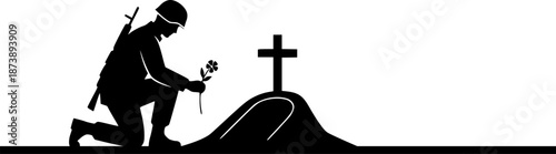 Kneeling Soldier Silhouette Beside Cross Grave Vector Illustration
