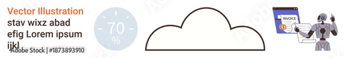 Data storage, AI applications, modern technology, robotics, digital workflow, automation. Robot interacting with a digital invoice interface and cloud. Data storage and AI applications concept