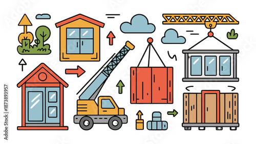 Construction and logistics elements illustration: An illustration showcases the interplay of construction, housing elements, cranes, and transport containers.