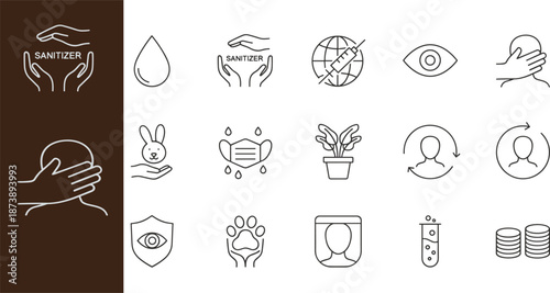 Health hygiene sanitizer line icon set illustration, medical protection awareness symbols collection, minimal outline design isolated