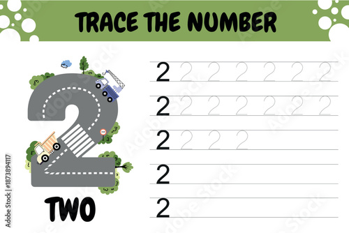 Number 2 Tracing Activity for Kids. Featuring a playful road-themed number design with vehicles and nature elements, the page includes multiple traceable lines to practice handwriting.