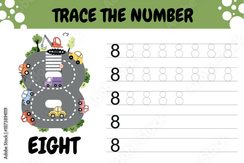 Number 8 Tracing Printable with Cars and Roads