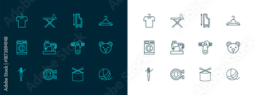 Set line Hanger wardrobe, Leather, Zipper, Knitting needles, Sewing machine, pattern, T-shirt on hanger and Electric iron and ironing board icon. Vector