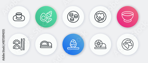 Set line Chinese tea egg, Soy sauce bowl, Dumpling with chopsticks, Xiao long bao, Rice, Sushi, and icon. Vector