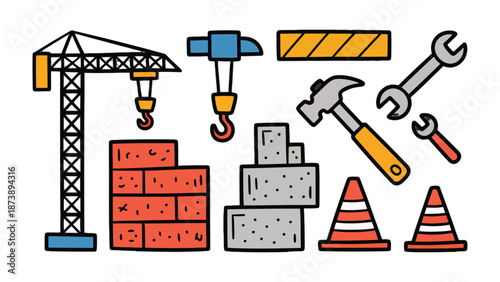 Construction Tools and Equipment: A vibrant illustration showcasing a collection of essential tools and equipment used in construction, from a towering crane to the individual brick. 