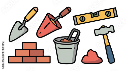 Construction Tools Collection: A curated collection of essential construction tools, including a trowel, bucket, brick, level, hammer, and more, all isolated, ready for any project.