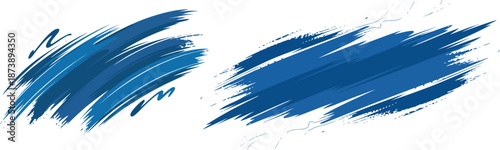 Dynamic diagonal blue brush stroke banner background. Hand drawn grainy vector brush texture with distressed rough edges, vintage style abstract smears and expressive squiggle shapes eps