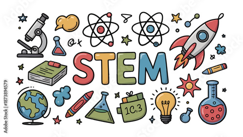 STEM Educational Symbols: A visually engaging illustration of STEM concepts, featuring various scientific instruments, educational icons, and a bold STEM text in the center.