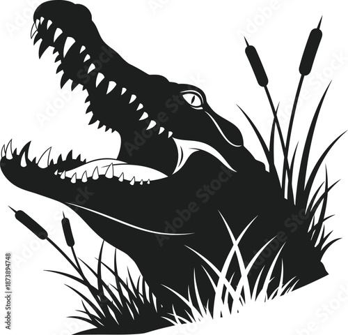 Crocodile in Grass Wildlife Black and White Vector