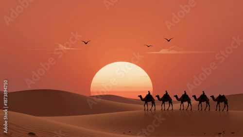 Camel caravan silhouetted against a vibrant desert sunset, traversing vast sand dunes under a fiery sky. An iconic journey through serene, arid landscapes