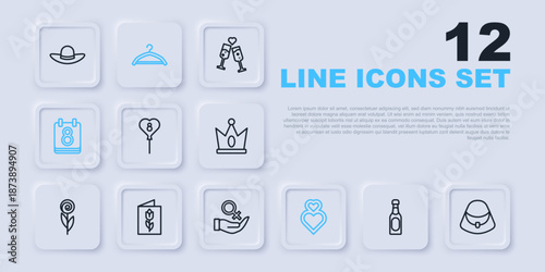 Set line Champagne bottle, Handbag, Balloons with 8 March, Heart, Calendar, Greeting card, Hanger wardrobe and Female gender symbol icon. Vector