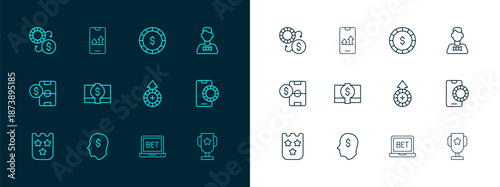 Set line Casino dealer, Lucky player, chips, Online sports betting, Stacks paper money cash, with dollar, exchange and icon. Vector