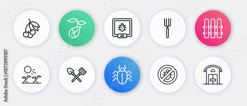 Set line Colorado beetle, Garden fence wooden, Plant sprouts grow in the sun, Stop colorado, pitchfork, Farm house and Shovel and rake icon. Vector