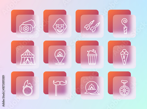 Set line Birthday party horn, Paper mustache on stick, Popcorn in cardboard box, Circus tent, Dart arrow, ticket and Clown head icon. Vector