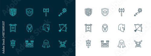 Set line Mace with spikes, Castle, Medieval helmet, poleaxe, Shield and crown icon. Vector