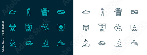 Set line Nautical rope knots, Boat propeller, Windsurfing, Binoculars, Striped sailor t-shirt, Speedboat and Lighthouse icon. Vector