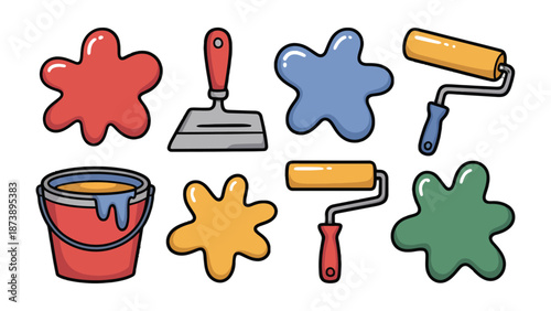 Painting Supplies: A vibrant collection of painting tools, including a paint bucket, paint roller, spatula, and colorful paint splatters, ready to bring creativity to life.