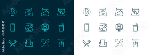 Set line Online ordering fish, Food on mobile, food, Meatballs wooden stick, meal, Coffee cup to go and icon. Vector