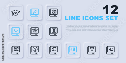 Set line History book, Translator, Ancient magic, Book with mathematics, Romance, Financial, about weapon and ecology icon. Vector