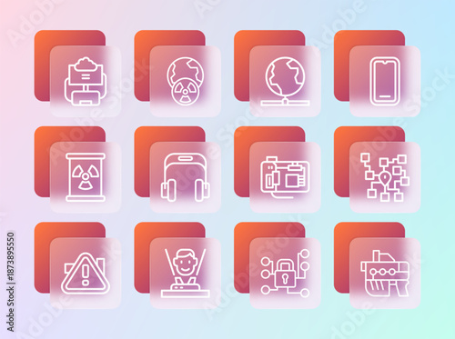 Set line Mobile phone, Hologram, Motherboard, Cyber security, Headphones, Global technology, Cloud database and Planet earth and radiation icon. Vector