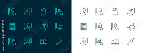 Set line Book about ecology, Financial book, Holy bible, Open, Law, Table lamp, User manual and Audio icon. Vector