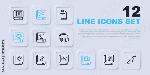 Set line User manual, Pen, Book, Photo album gallery, Holy bible book, Ancient magic and Translator icon. Vector