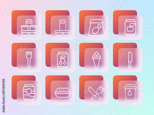 Set line Soda can, Lunch box, Ice cream in waffle, Crossed knife and fork, Online ordering meal, Coffee cup to go and icon. Vector