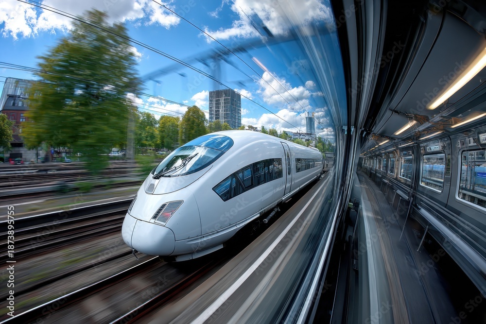Fototapeta premium White high speed train passing by platform
