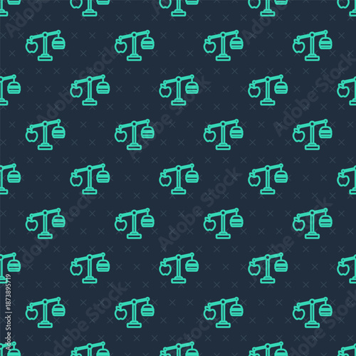 Green line Calorie calculator icon isolated on isolated seamless pattern on blue background. Calorie count. Diet. Weight loss. Portion control. Healthy eating. Dietary nutrition. Vector