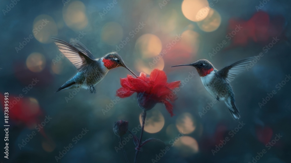 Obraz premium Two hummingbirds hover near a red flower against a soft, bokeh background.