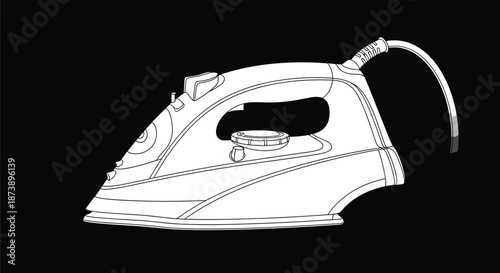 White line art illustration of a modern electric steam iron against a solid black background, showing a household appliance outline.