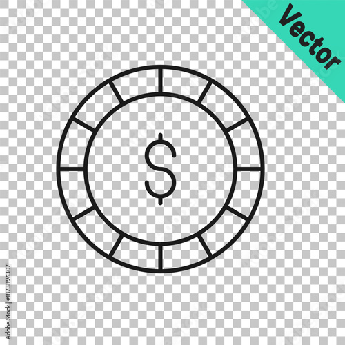 Black line Casino chip with dollar symbol icon isolated on transparent background. Casino gambling. Vector