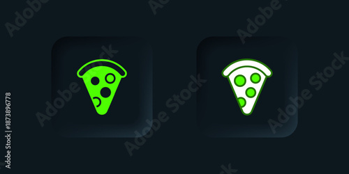 Green Slice of pizza icon isolated on black background. Fast food menu. Black square button. Vector