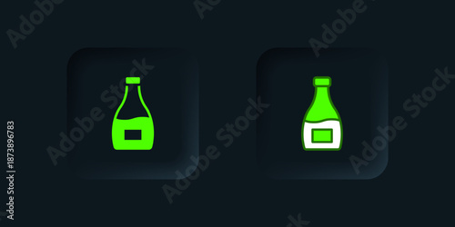 Green Sauce bottle icon isolated on black background. Ketchup, mustard and mayonnaise bottles with sauce for fast food. Black square button. Vector