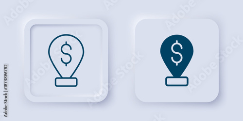 Filled and outline Cash location pin icon isolated on grey background. Pointer and dollar symbol. Money location. Business and investment concept. Square button. Vector