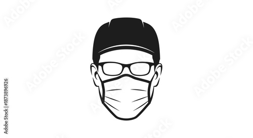 Black and white icon of a person's head wearing a hard hat, safety glasses, and a face mask for industrial protection.