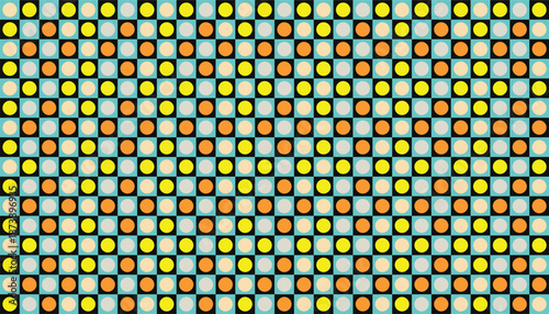 Seamless geometric pattern featuring repeating rounded squares with circular dots in vibrant yellow, teal, black, and white colors. Playful abstract background suitable for wallpaper, textile, packagi