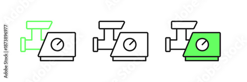 Set line Kitchen meat grinder icon isolated on white background. Vector