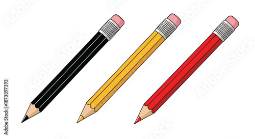 Set of three classic pencils in black, yellow, and red, shown in a realistic cartoon style with erasers on a white background.