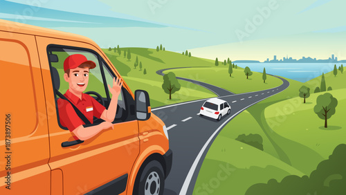 A friendly delivery driver waves from his van on a scenic route through rolling hills and a distant city skyline