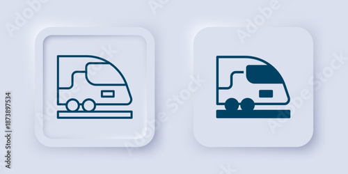 Filled and outline High-speed train icon isolated on grey background. Railroad travel and railway tourism. Subway or metro streamlined fast train transport. Square button. Vector